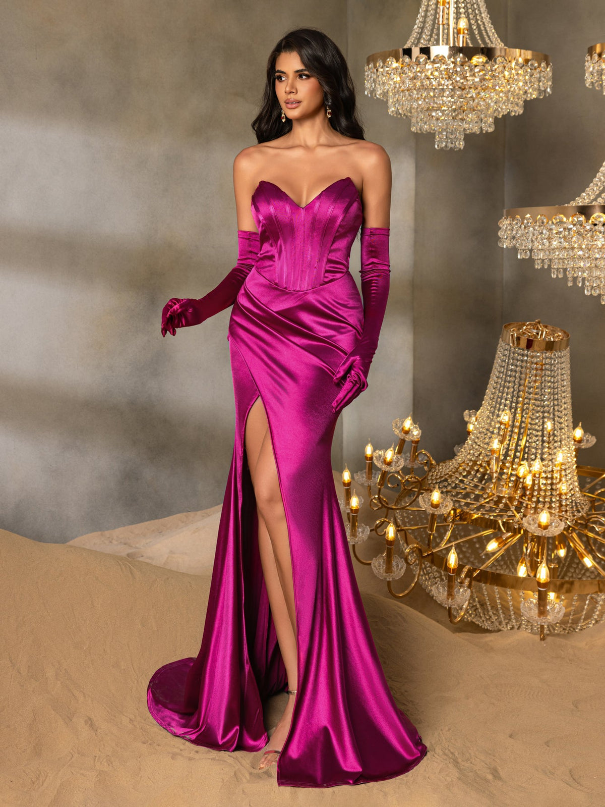 Additional product view of Ruched Wrap Gloves Included Strapless Satin High-Slit Evening Gown