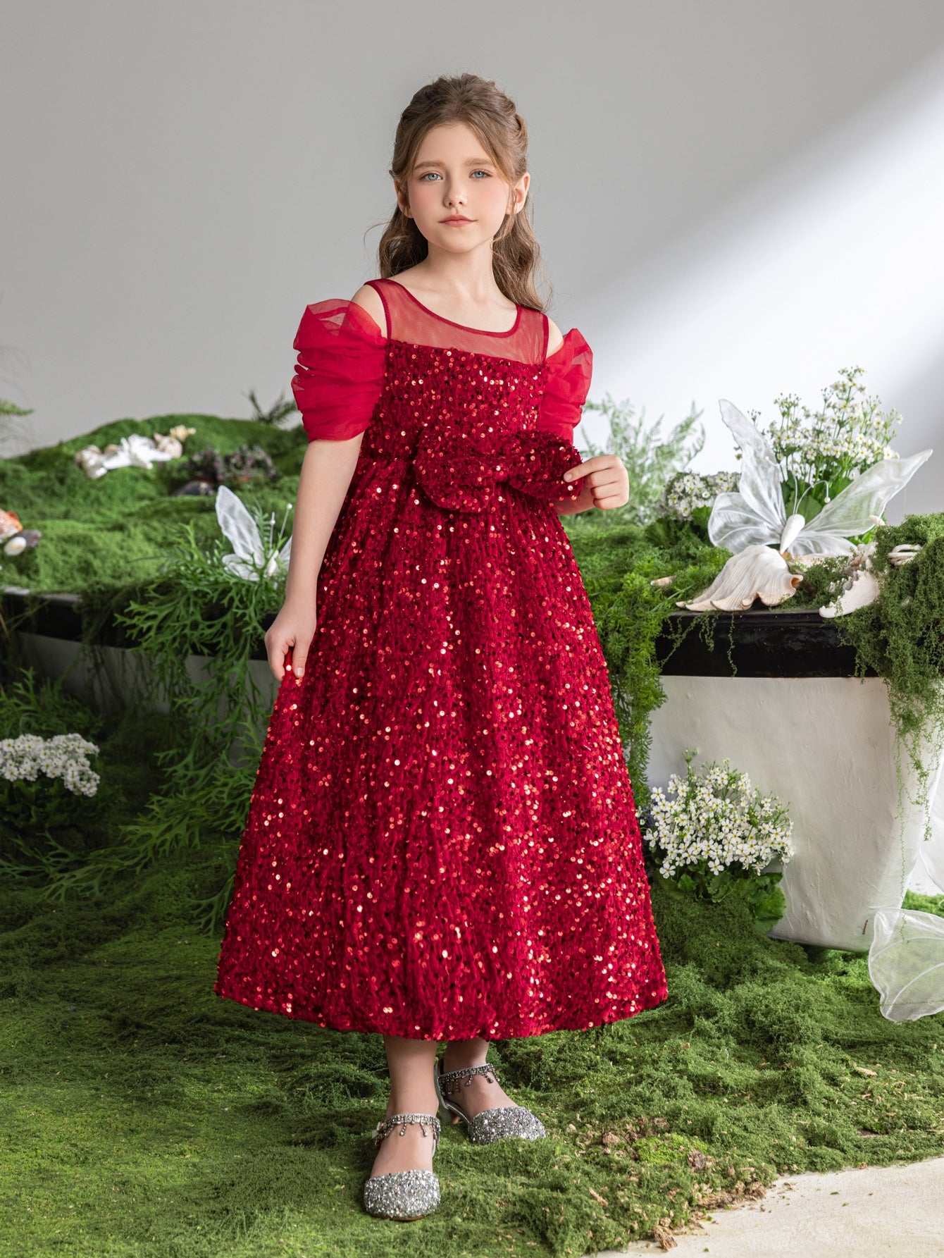 Tween Girls' Round Neck Sequin Bow Short-Sleeve A-Line Formal Gown — authorized product image 4