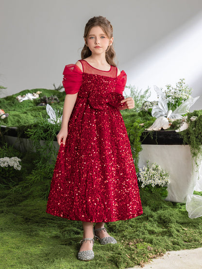 Tween Girls' Round Neck Sequin Bow Short-Sleeve A-Line Formal Gown — authorized product image 4