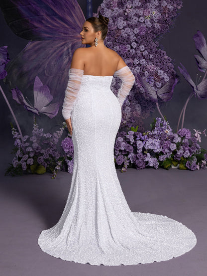 Additional product view of Mermaid Hem Plus-Size Strapless Long-Sleeve Sequin Wedding Dress