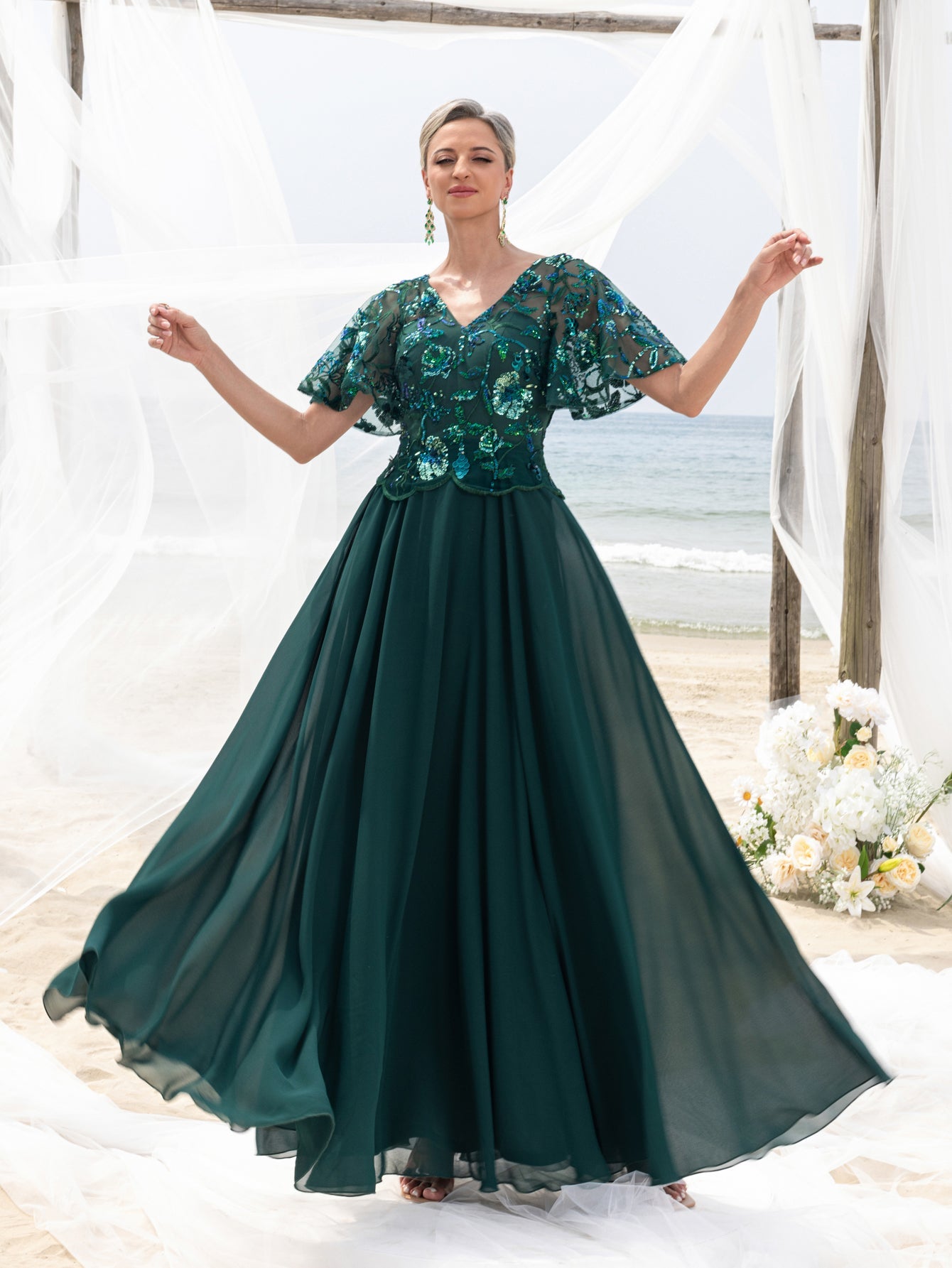 Additional product view of Chiffon Skirt V-Neck Short-Sleeve A-Line Sequin Mother-of-the-Bride Dress