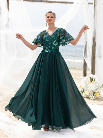Additional product view of Chiffon Skirt V-Neck Short-Sleeve A-Line Sequin Mother-of-the-Bride Dress