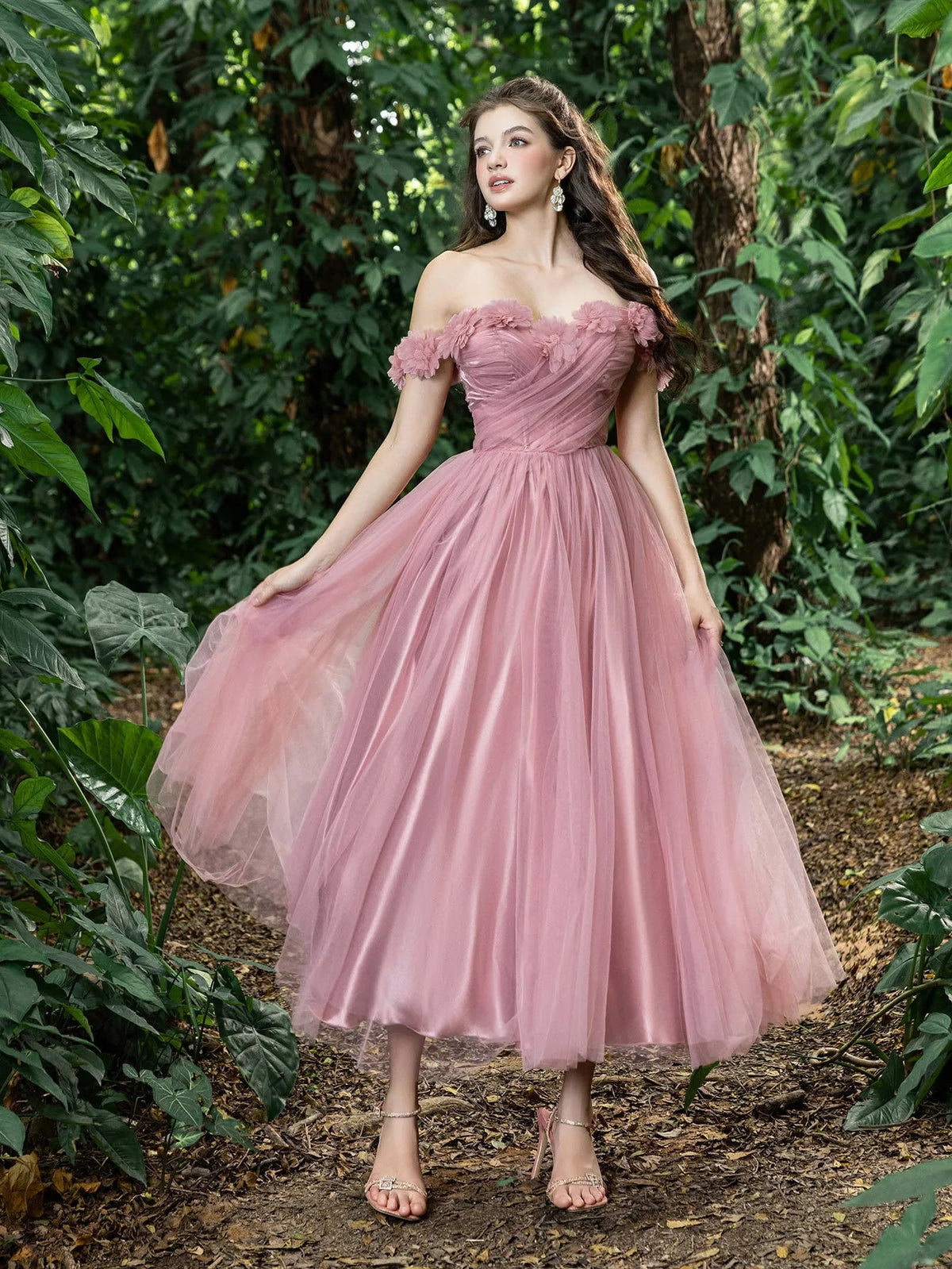 Additional product view of Off-Shoulder Tulle Appliqué A-Line Short-Sleeve Midi Formal Dress
