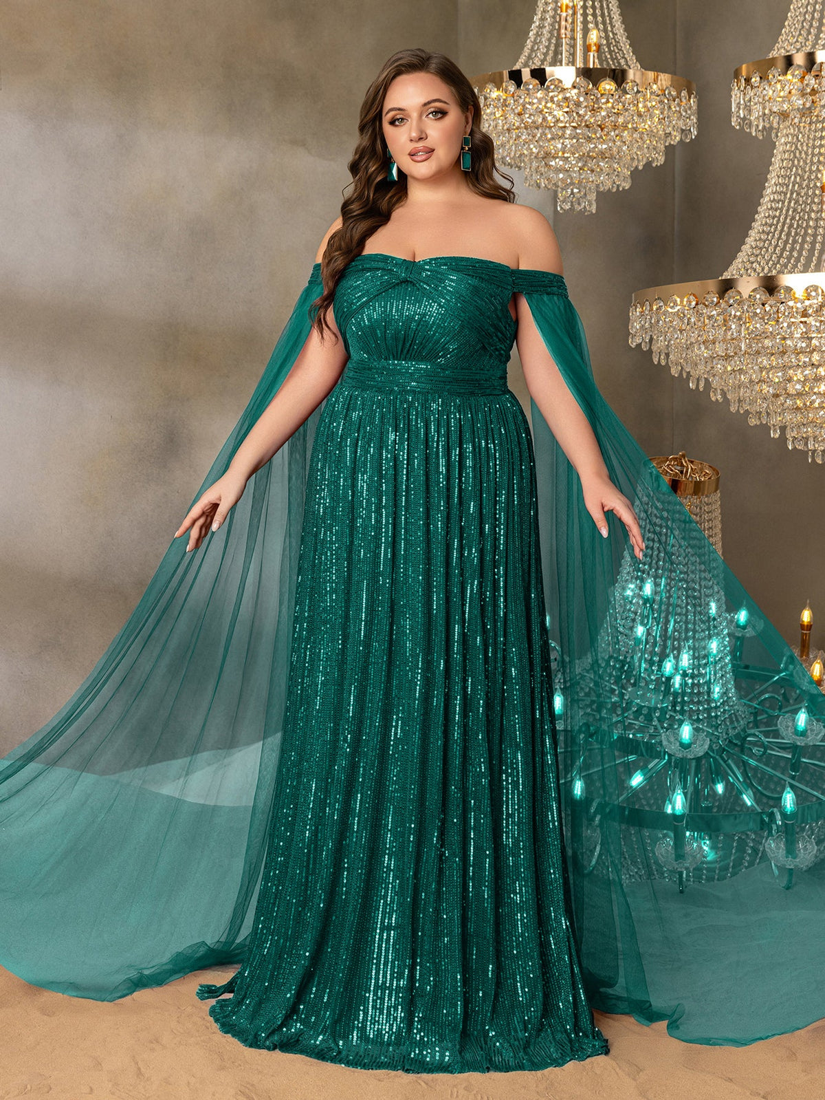 Plus Off-Shoulder Sequined Gown with Flowing Cape – Luxury Evening Wear for Weddings or Red Carpet Events, 1XL-5XL