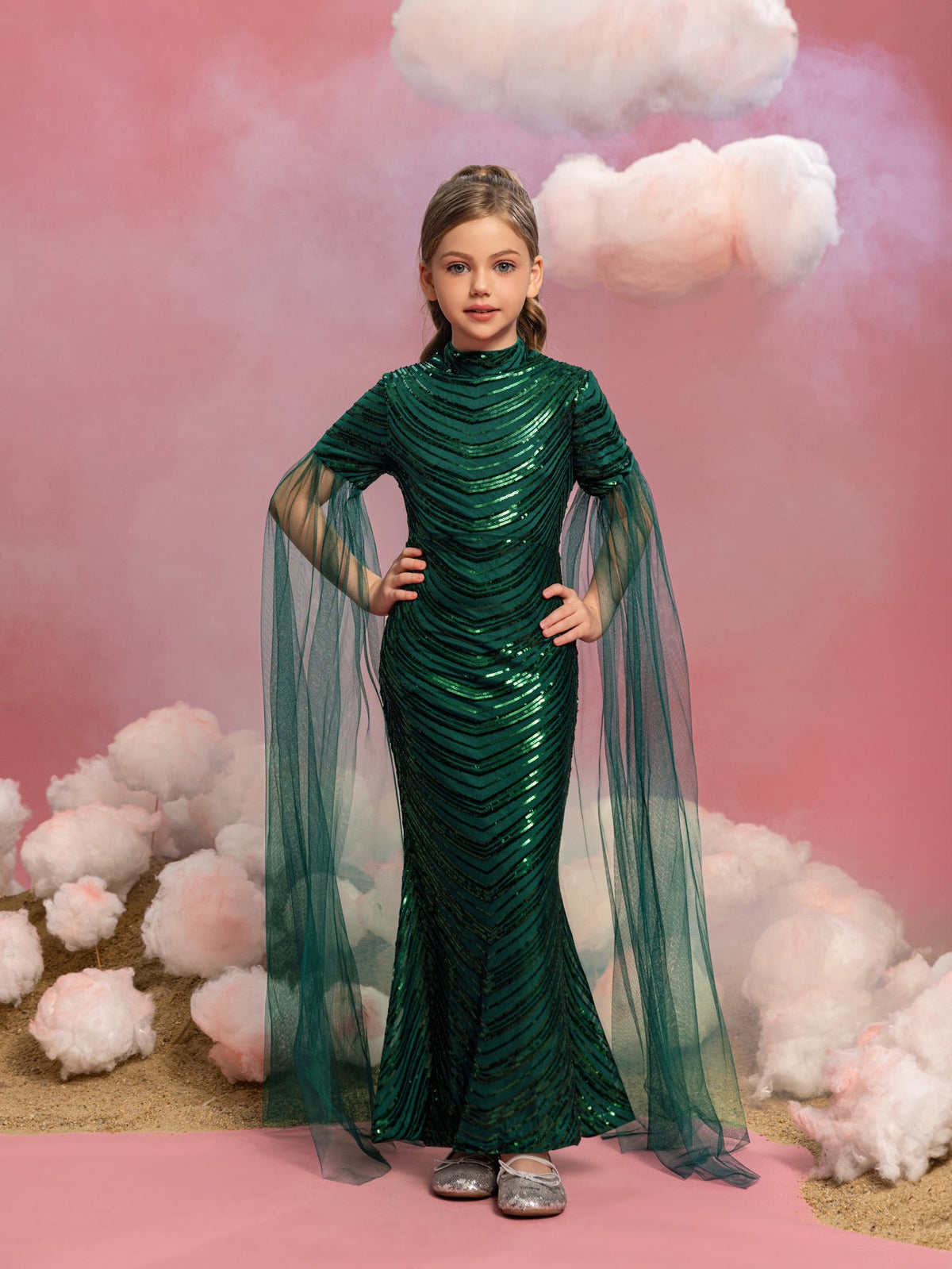 Tween Girls' High Neck Sequin Cape Mermaid Formal Gown — authorized product image 3