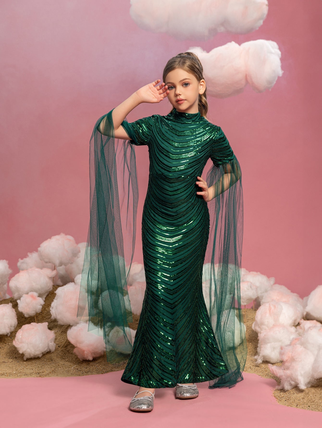 Tween Girls' High Neck Sequin Cape Mermaid Formal Gown — authorized product image 6