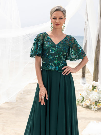 Additional product view of Chiffon Skirt V-Neck Short-Sleeve A-Line Sequin Mother-of-the-Bride Dress