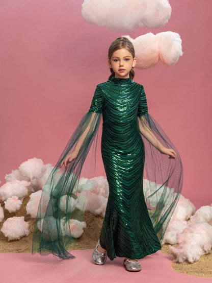 Tween Girls' High Neck Sequin Cape Mermaid Formal Gown — authorized product image 1