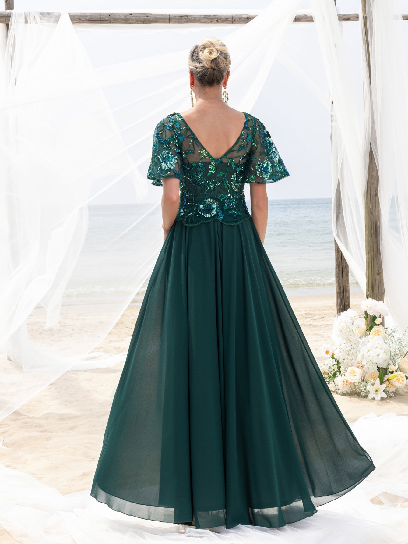 Additional product view of Chiffon Skirt V-Neck Short-Sleeve A-Line Sequin Mother-of-the-Bride Dress