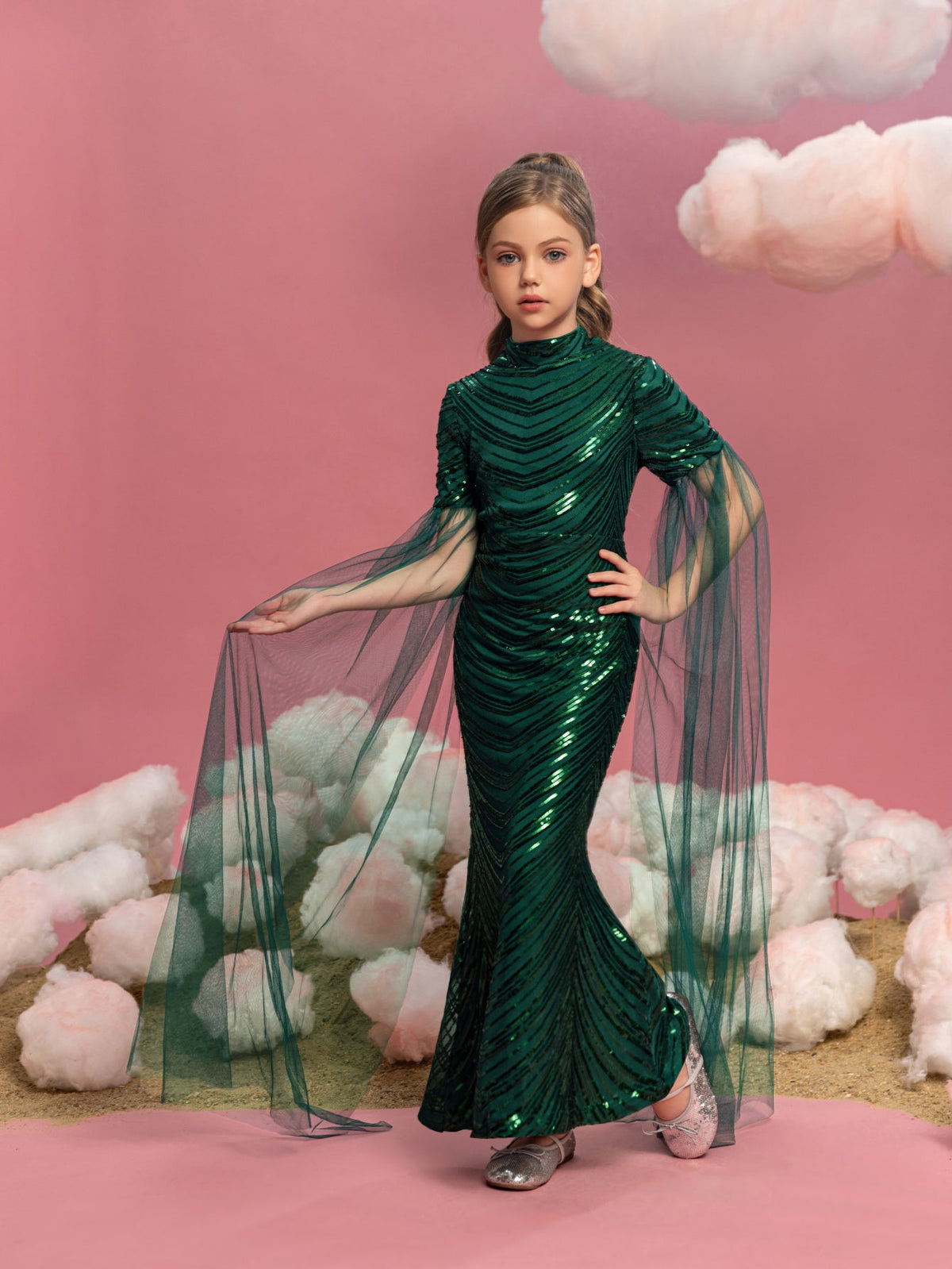 Tween Girls' High Neck Sequin Cape Mermaid Formal Gown — authorized product image 5