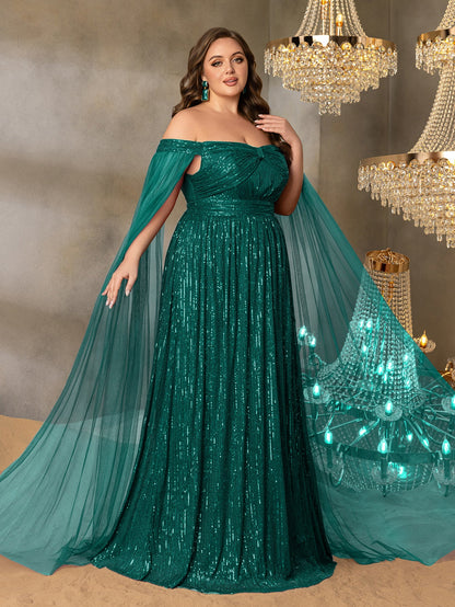 Plus Off-Shoulder Sequined Gown with Flowing Cape – Luxury Evening Wear for Weddings or Red Carpet Events, 1XL-5XL