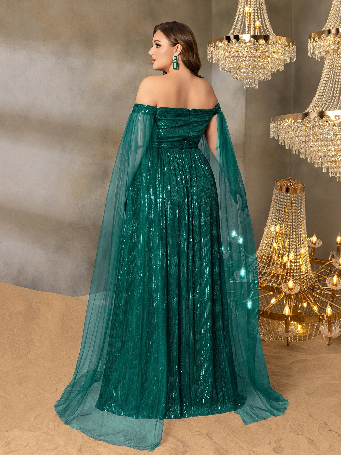 Plus Off-Shoulder Sequined Gown with Flowing Cape – Luxury Evening Wear for Weddings or Red Carpet Events, 1XL-5XL