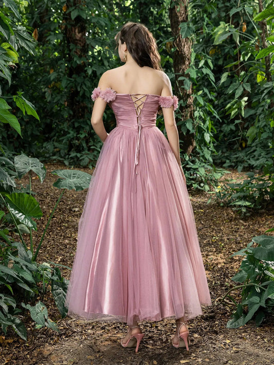 Additional product view of Off-Shoulder Tulle Appliqué A-Line Short-Sleeve Midi Formal Dress