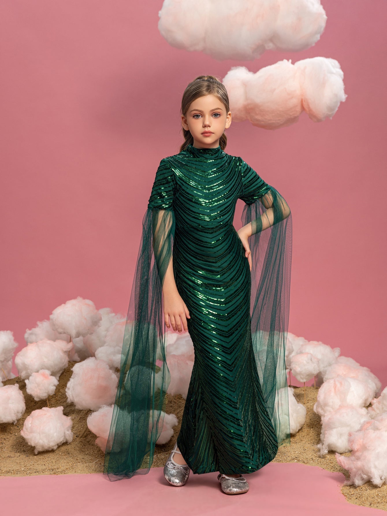 Tween Girls' High Neck Sequin Cape Mermaid Formal Gown — authorized product image 4