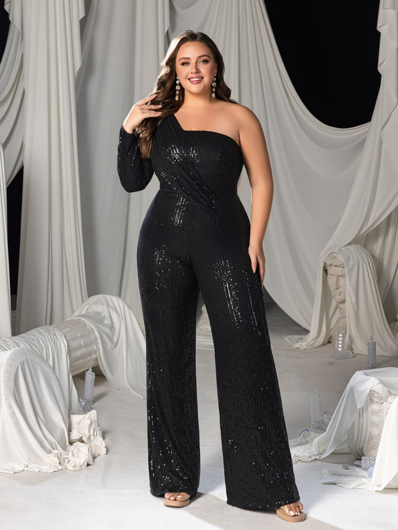 Additional product view of Plus-Size One-Shoulder Sequin Long-Sleeve Formal Jumpsuit