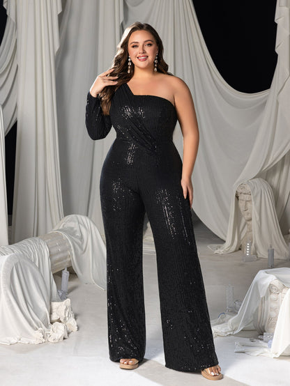 Additional product view of Plus-Size One-Shoulder Sequin Long-Sleeve Formal Jumpsuit