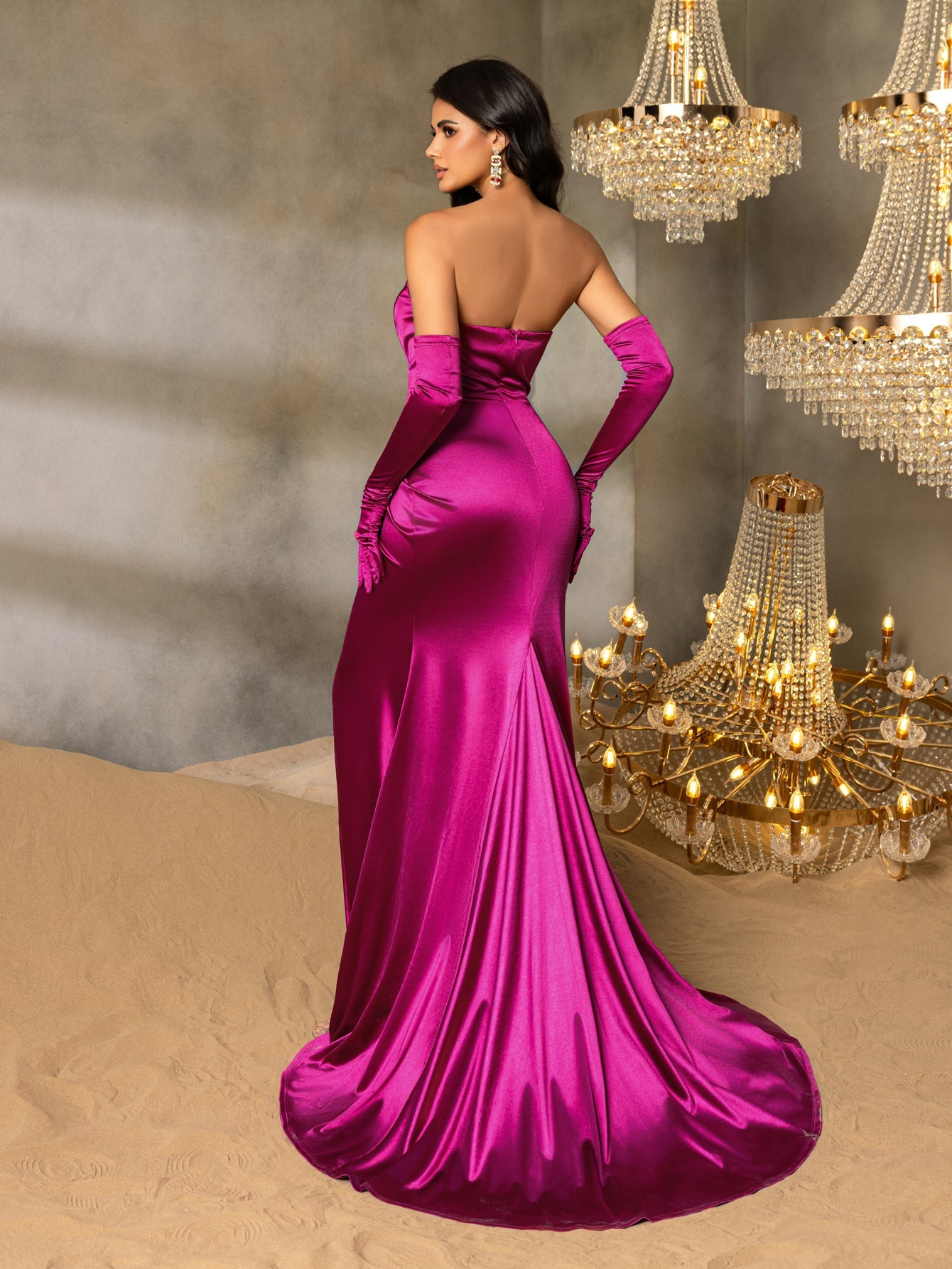 Additional product view of Ruched Wrap Gloves Included Strapless Satin High-Slit Evening Gown