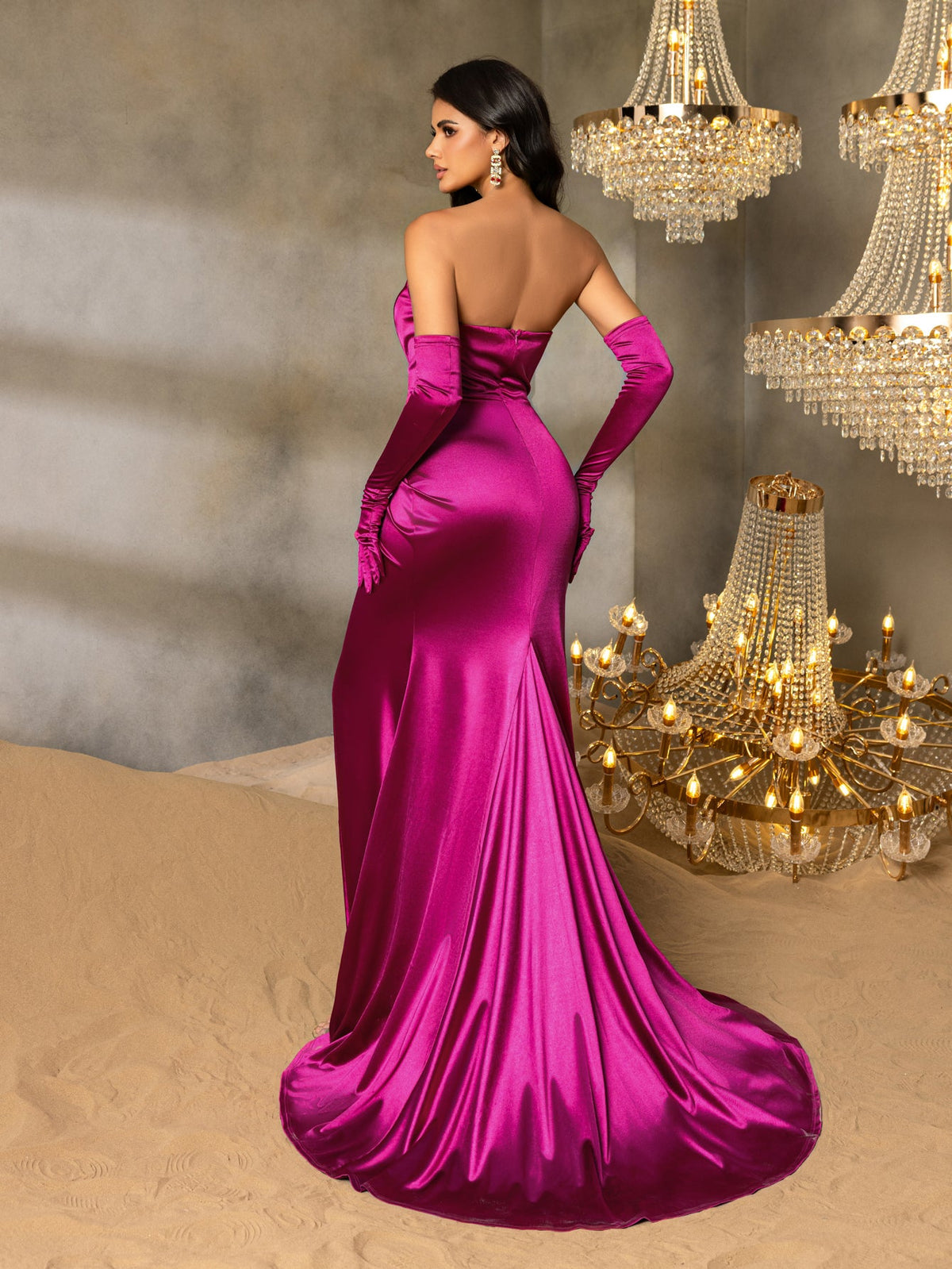 Additional product view of Ruched Wrap Gloves Included Strapless Satin High-Slit Evening Gown
