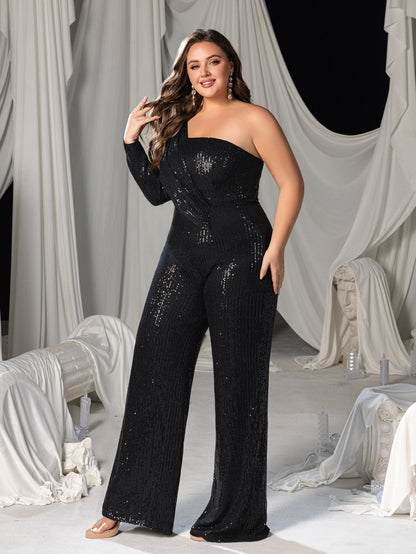 Additional product view of Plus-Size One-Shoulder Sequin Long-Sleeve Formal Jumpsuit