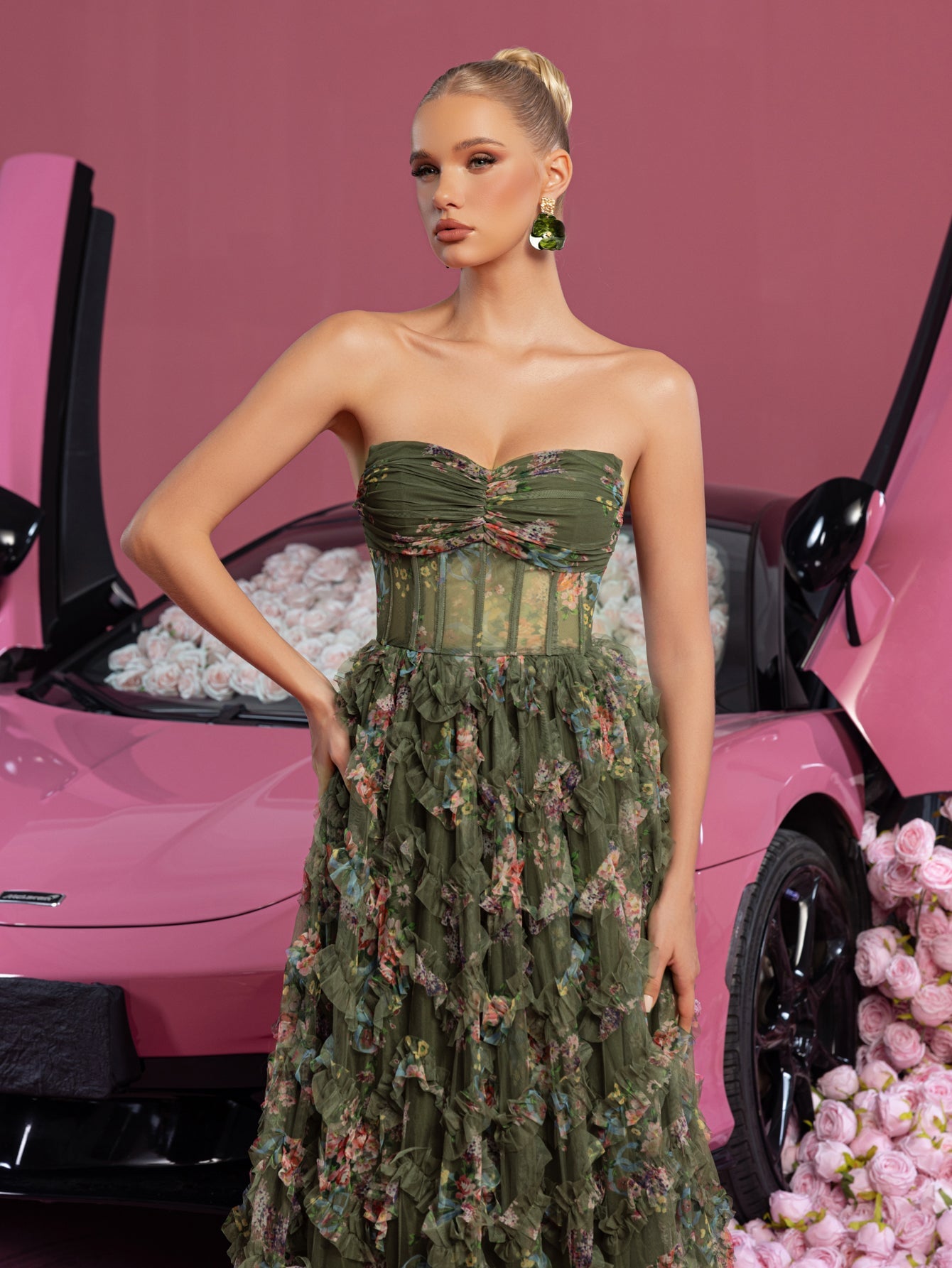 Ruched Bustier Ruffle Trim Hem Floral Printed Tube Dress