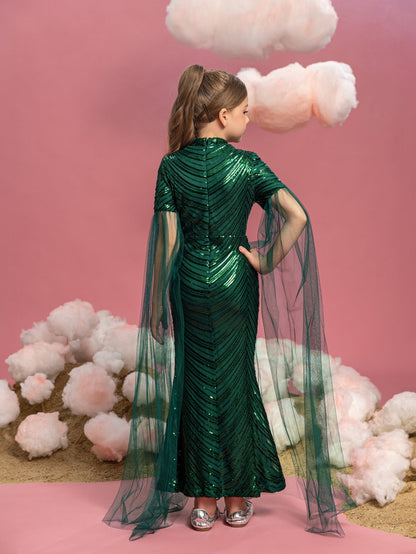 Tween Girls' High Neck Sequin Cape Mermaid Formal Gown — authorized product image 2