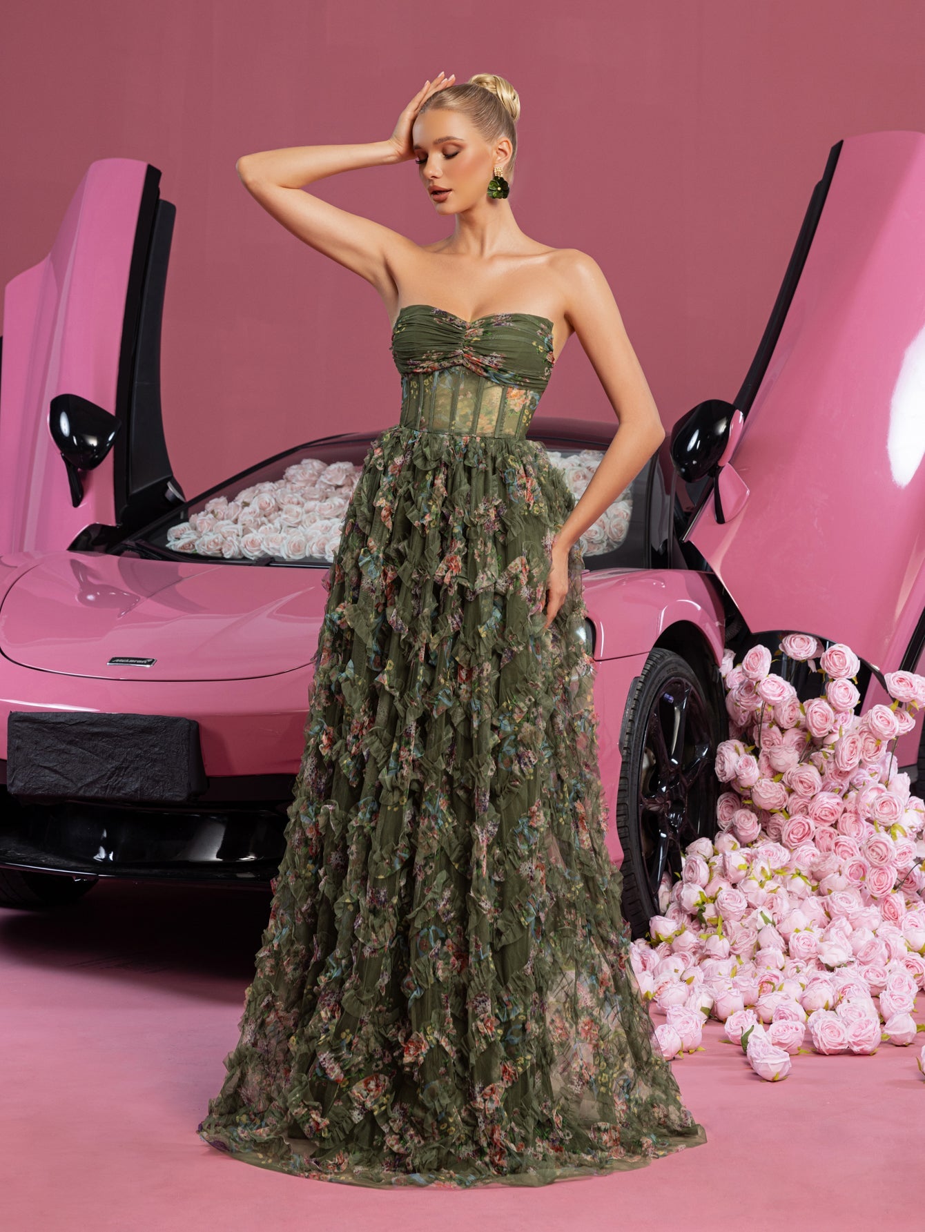 Ruched Bustier Ruffle Trim Hem Floral Printed Tube Dress