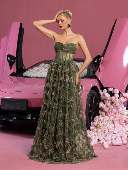 Ruched Bustier Ruffle Trim Hem Floral Printed Tube Dress