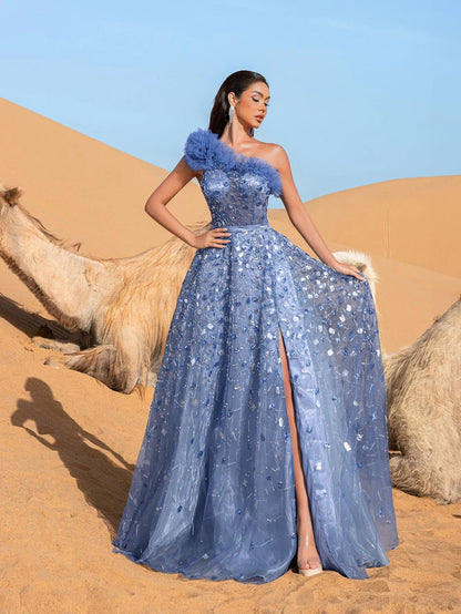 Additional view of One-Shoulder Sequin Beaded Sleeveless A-Line Evening Gown