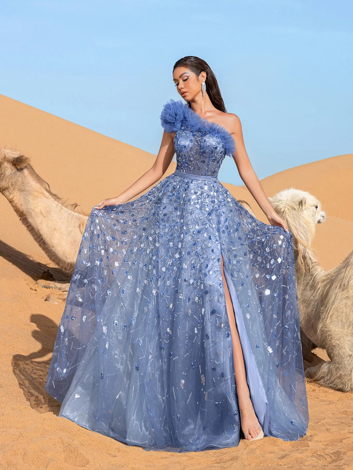 Additional view of One-Shoulder Sequin Beaded Sleeveless A-Line Evening Gown