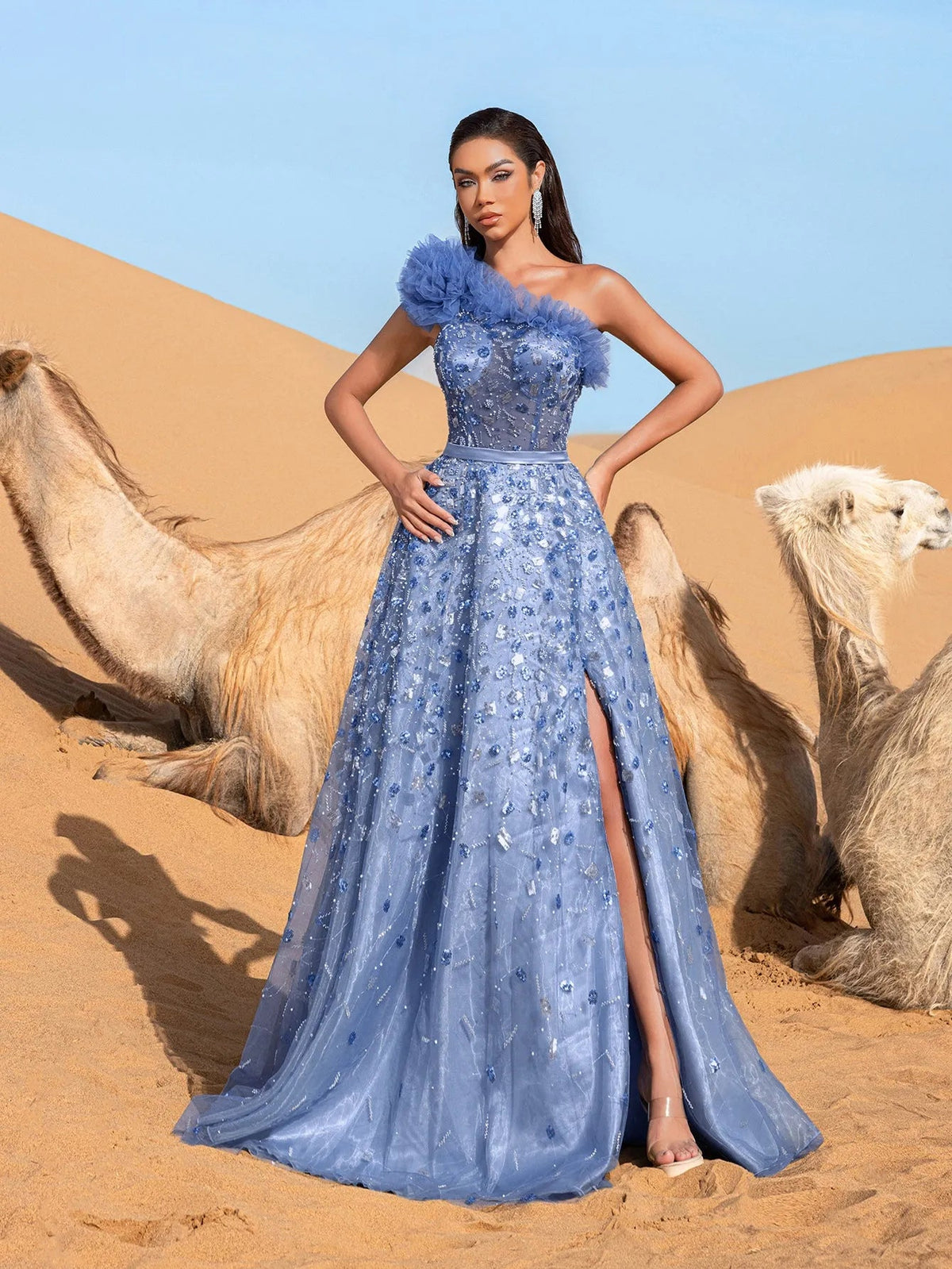 Additional view of One-Shoulder Sequin Beaded Sleeveless A-Line Evening Gown