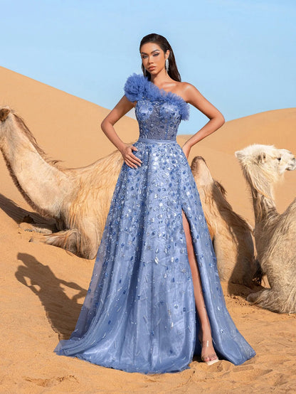 Additional view of One-Shoulder Sequin Beaded Sleeveless A-Line Evening Gown