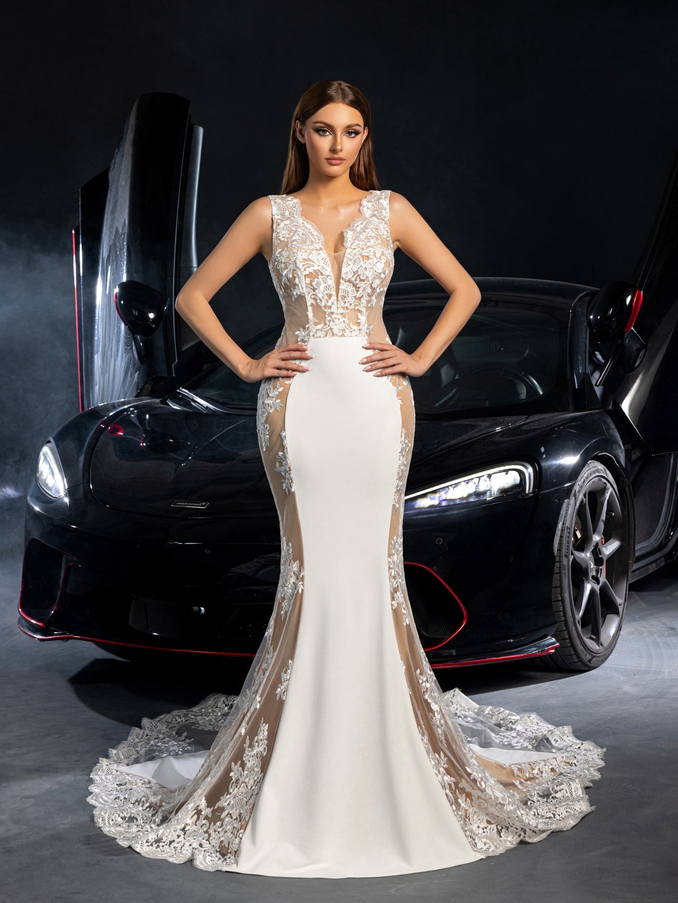 Additional product view of Plunging-Neck Backless Lace V-Neck Sleeveless Wedding Dress