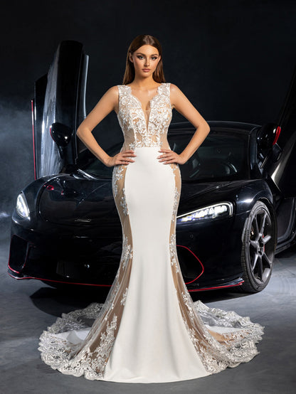 Additional product view of Plunging-Neck Backless Lace V-Neck Sleeveless Wedding Dress
