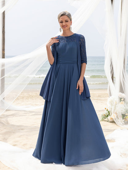 Women's Lace & Chiffon Mother-of-the-Bride Dress: Flowing Beach Wedding Gown with Mid-Sleeve Detailing & Dramatic Skirt – view 3