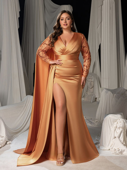 Plus Satin Deep V-Neck Long Sleeves Evening Gown - Formal Dresses with High Slit – view 3