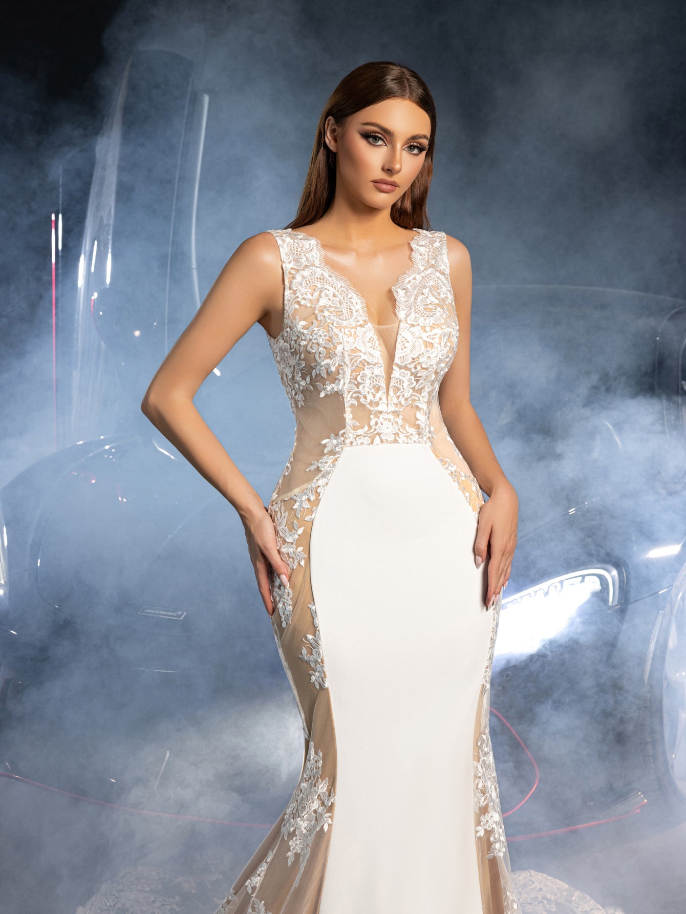 Additional product view of Plunging-Neck Backless Lace V-Neck Sleeveless Wedding Dress