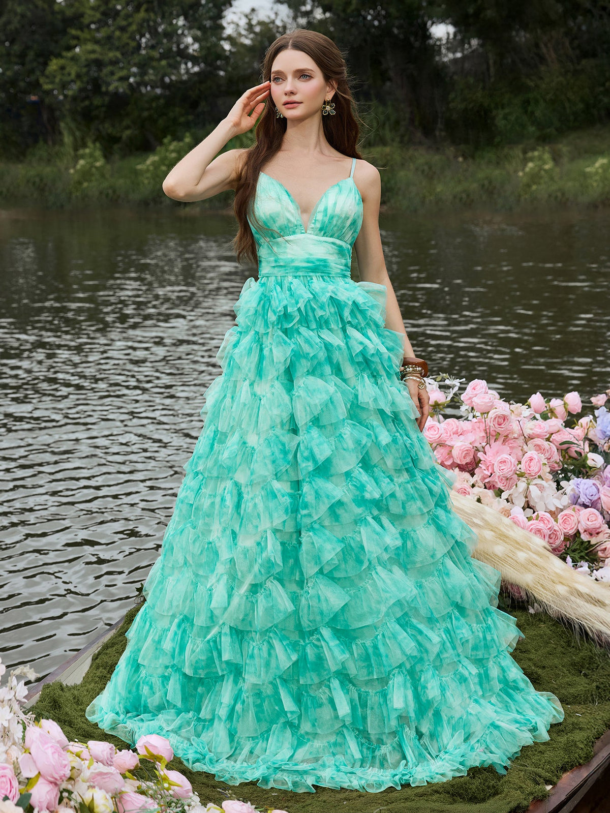 Plunging Tulle Ruffle Sleeveless A-Line Evening Gown — authorized product image 3