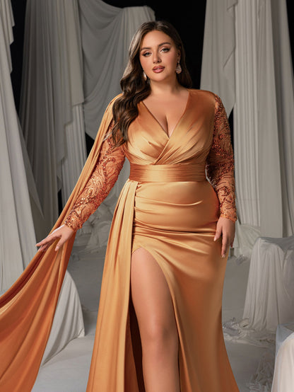 Plus Satin Deep V-Neck Long Sleeves Evening Gown - Formal Dresses with High Slit – view 5
