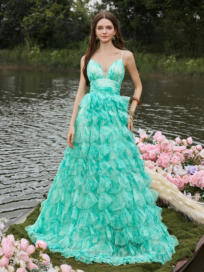 Plunging Tulle Ruffle Sleeveless A-Line Evening Gown — authorized product image 4