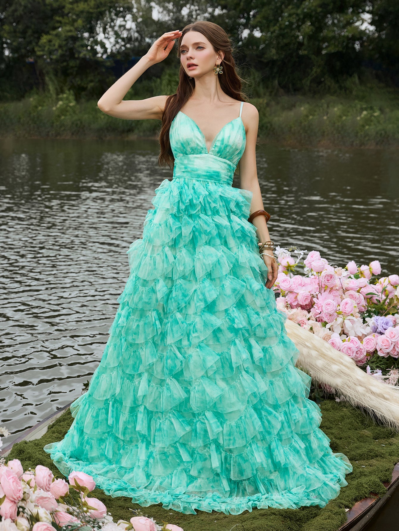 Plunging Tulle Ruffle Sleeveless A-Line Evening Gown — authorized product image 1