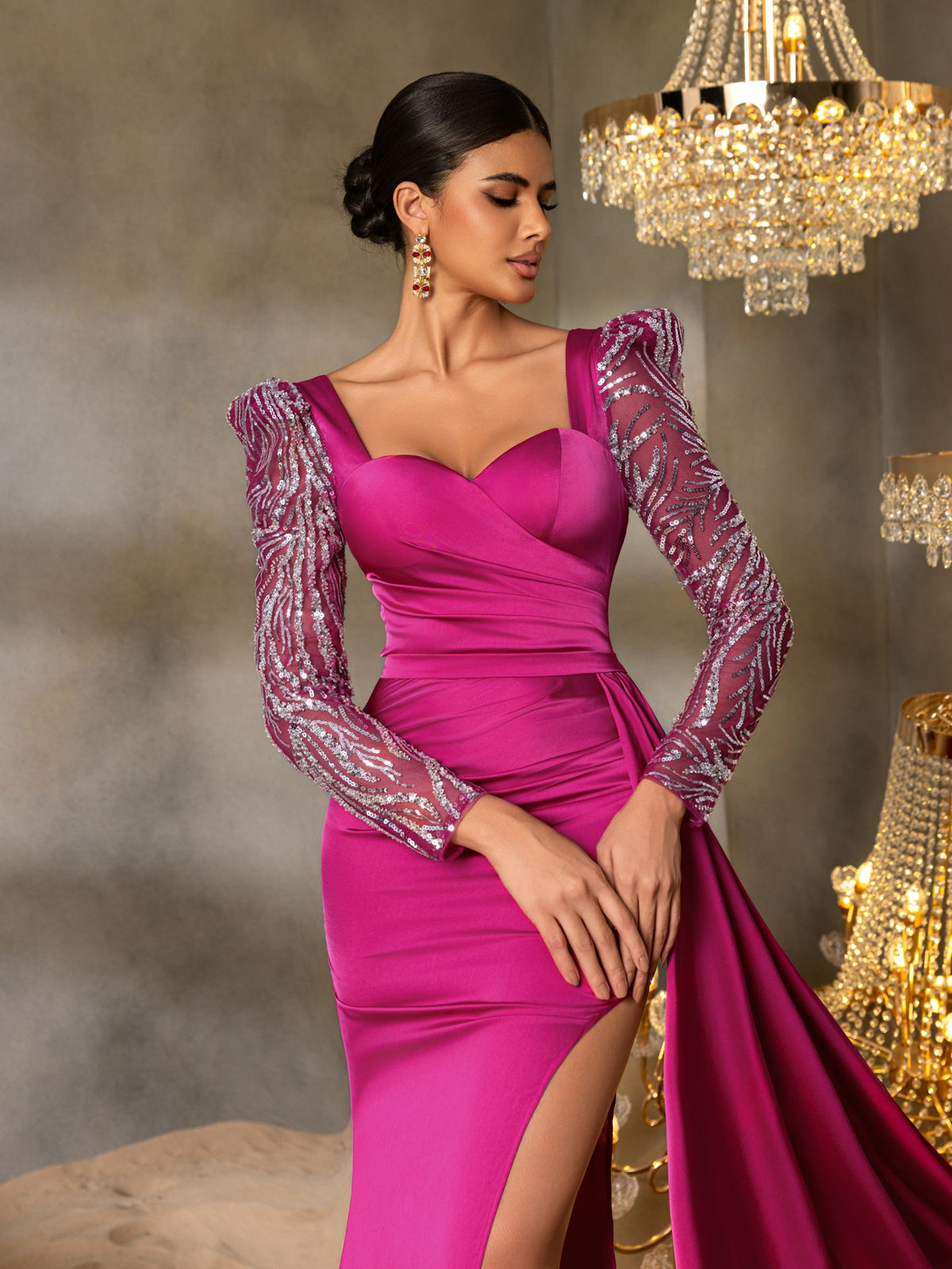 Elegant Satin Evening Gown with Sweetheart Neckline & Sequin Embellished Sleeves – High Slit Mermaid Silhouette for Luxury Weddings or Red Carpet Events, XS-XL