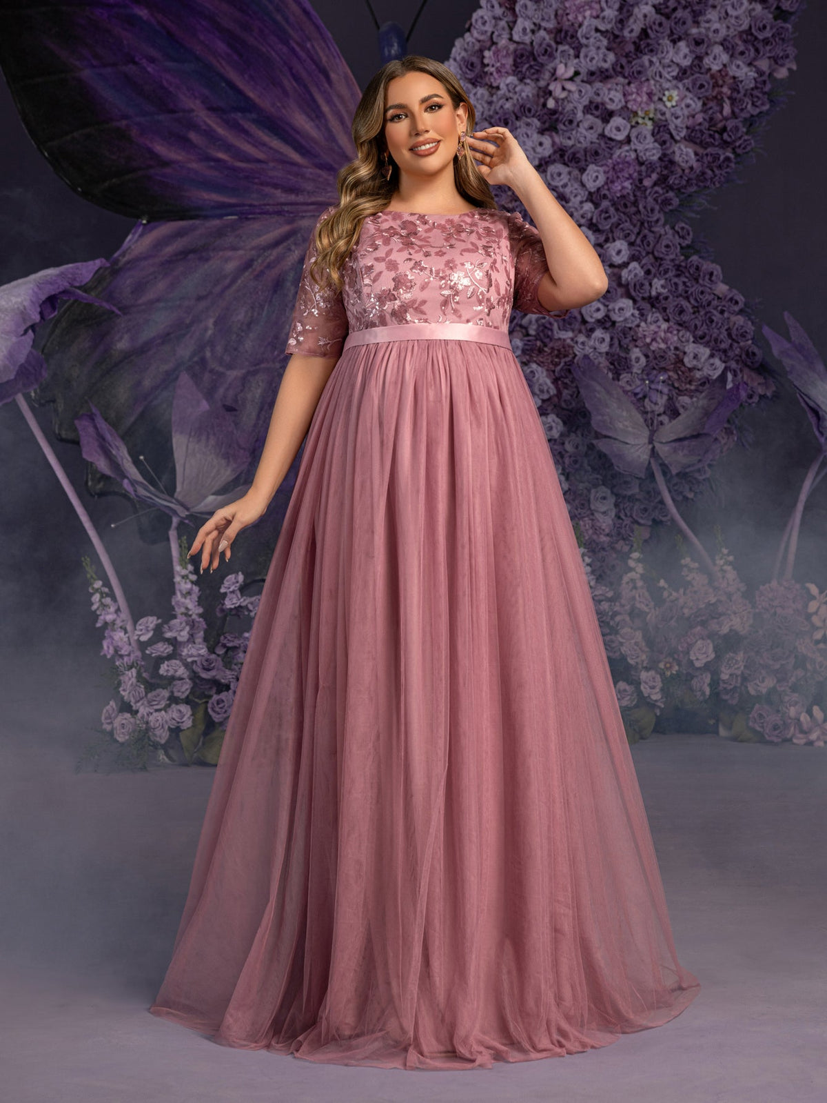 Additional product view of Plus-Size Mesh A-Line Sequin Maxi Maternity Evening Dress
