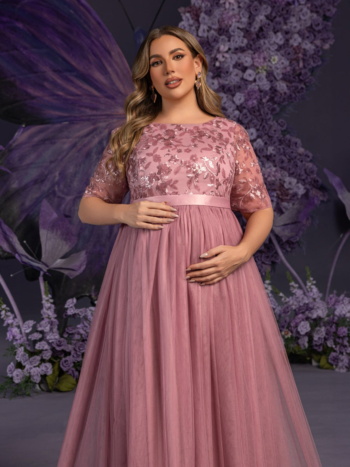 Additional product view of Plus-Size Mesh A-Line Sequin Maxi Maternity Evening Dress