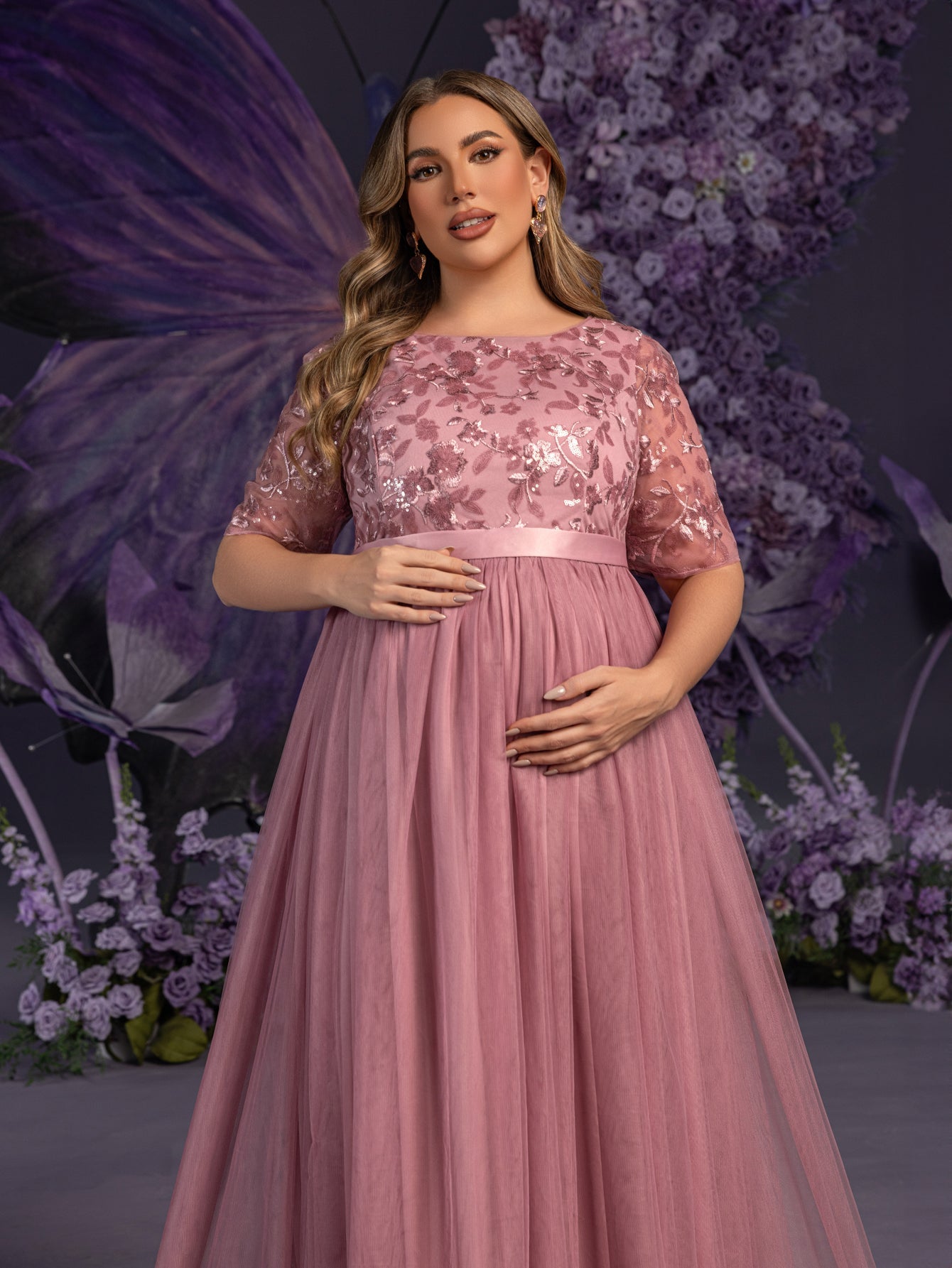 Additional product view of Plus-Size Mesh A-Line Sequin Maxi Maternity Evening Dress