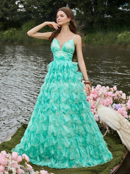 Plunging Tulle Ruffle Sleeveless A-Line Evening Gown — authorized product image 6