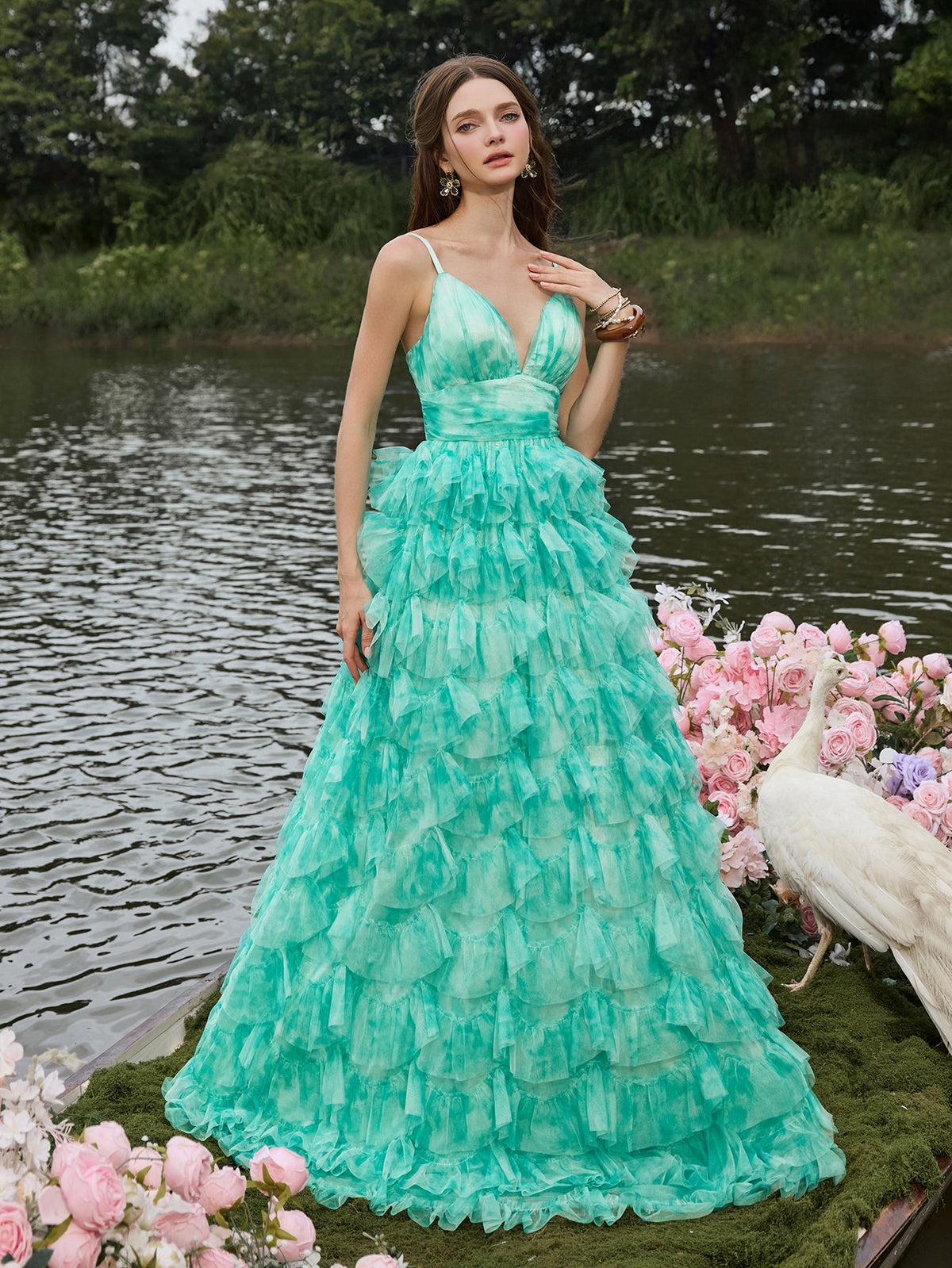 Plunging Tulle Ruffle Sleeveless A-Line Evening Gown — authorized product image 7