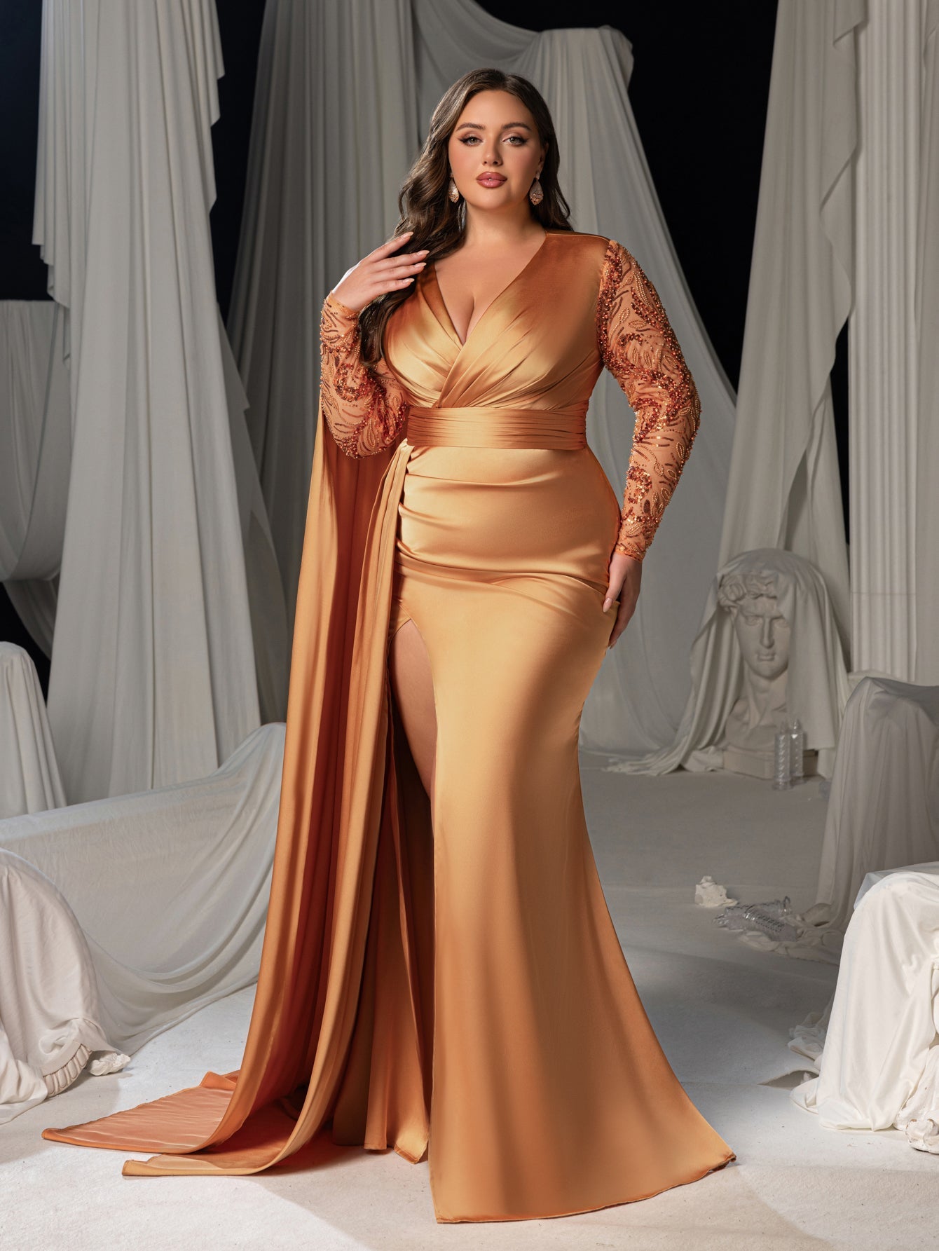 Plus Satin Deep V-Neck Long Sleeves Evening Gown - Formal Dresses with High Slit – view 7