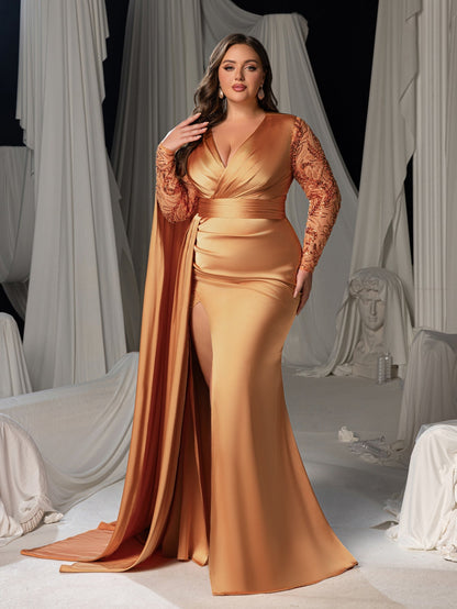 Plus Satin Deep V-Neck Long Sleeves Evening Gown - Formal Dresses with High Slit – view 7