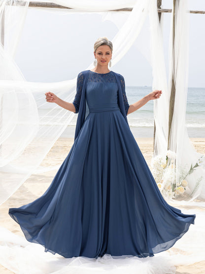 Women's Lace & Chiffon Mother-of-the-Bride Dress: Flowing Beach Wedding Gown with Mid-Sleeve Detailing & Dramatic Skirt – view 7