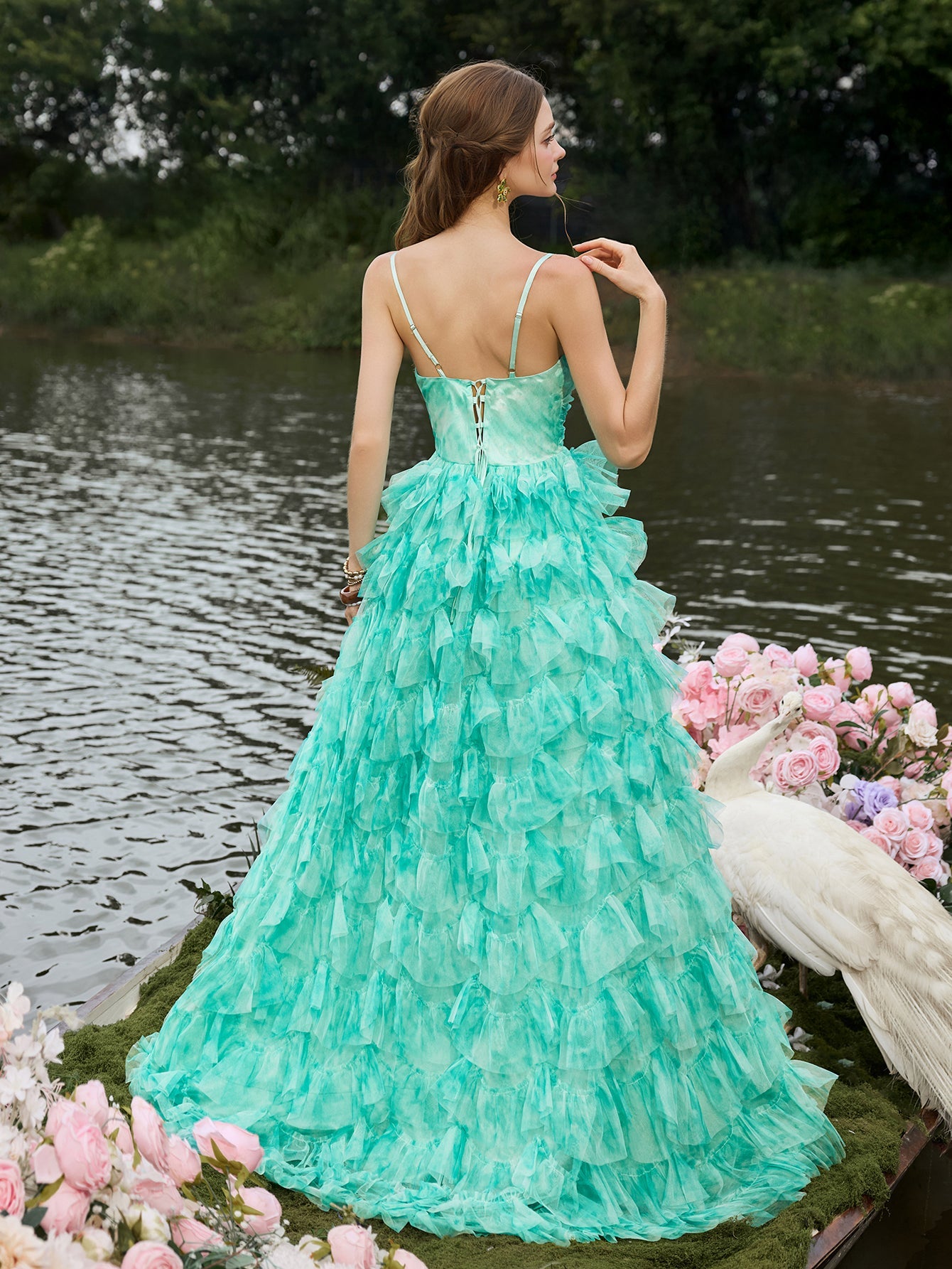 Plunging Tulle Ruffle Sleeveless A-Line Evening Gown — authorized product image 2